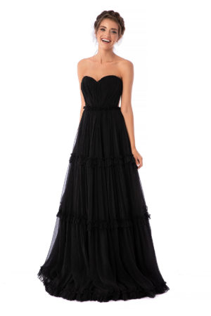 Rochie de seara tip corset neagra de lux lunga din material vaporos cu volanase Ana Radu
