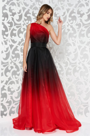 Rochie de seara rosie de lux lunga realizata din tul cu aspect bufant Ana Radu