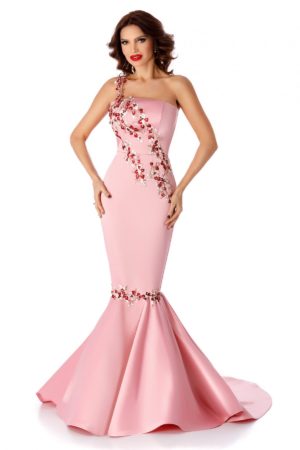 Rochie de ocazie lunga eleganta roz tip sirena fara maneci