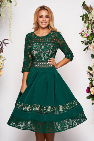 Rochie midi eleganta verde cu maneci trei-sferturi si pense in talie