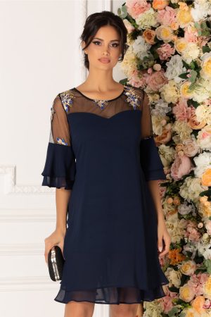 Rochie de seara bleumarin din voal cu broderie florala pentru femei plinute Chrisa