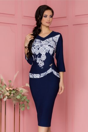 Rochie de ocazie bleumarin cu peplum si imprimeu floral pentru femei plinute Corina