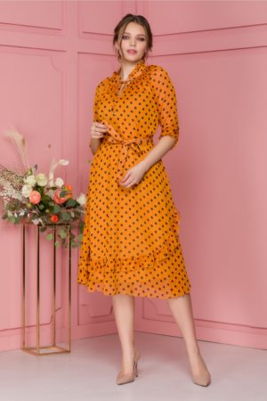 Rochie vaporoasa portocalie cu buline accesorizata cu cordon Deborah