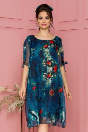 Rochie de ocazie albastru petrol lejera cu imprimeuri florale pentru femei plinute Eliana
