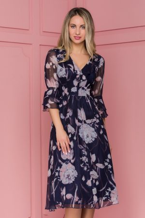 Rochie de ocazie bleumarin eleganta cu imprimeuri florale Ginette