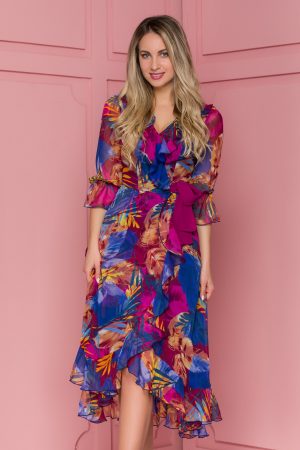 Rochie multicolora cu imprimeu exotic si design petrecut Ginette