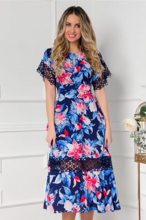 Rochie de ocazie bleumarin midi eleganta cu imprimeu floral Iarina