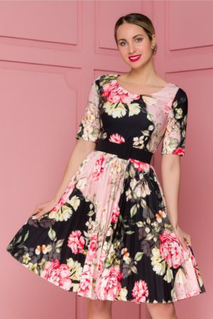 Rochie feminina cu imprimeu floral negru si roz si fusta in clos plisata Ivonne