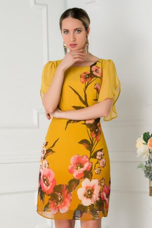 Rochie de ocazie galben mustar cu imprimeu floral Leonard Collection