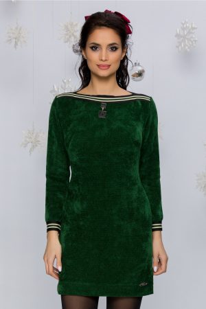 Rochie scurta de iarna verde smarald reiata cu benzi elastice decorative Mari