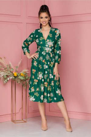 Rochie in clos verde eleganta cu imprimeu floral Moze