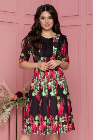 Rochie in clos eleganta de ocazie cu imprimeuri florale rosii Moze