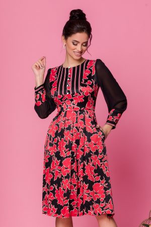 Rochie de ocazie neagra eleganta cu imprimeuri florale rosii Moze