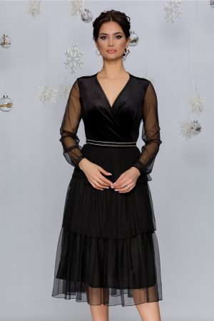 Rochie de seara eleganta neagra cu strasuri in talie si volane Pixa