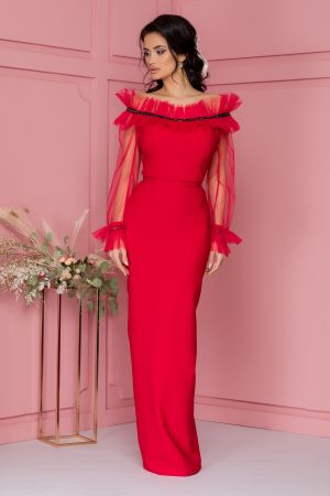 Rochie de ocazie rosie lunga accesorizata cu tull si banda din strasuri si paiete Roxana
