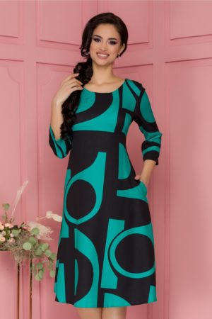 Rochie Samira verde eleganta cu imprimeuri geometrice negre