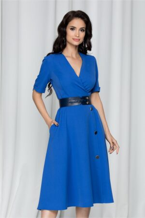 Rochie Consuela albastra eleganta accesorizata cu nasturi pe fusta