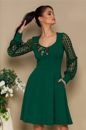 Rochie Ella Collection Carolina verde de nunta midi eleganta cu maneci dantela florala
