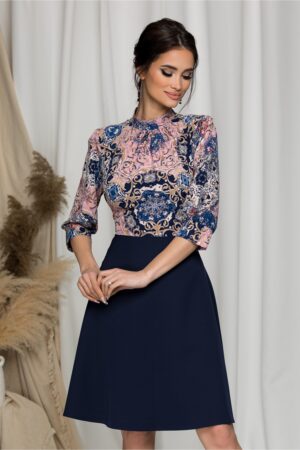 Rochie Georgiana midi bleumarin de seara eleganta cu imprimeu floral