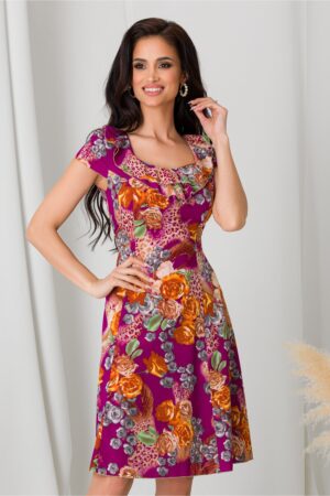 Rochie Kian violet midi eleganta cu flori orange si decolteu oval