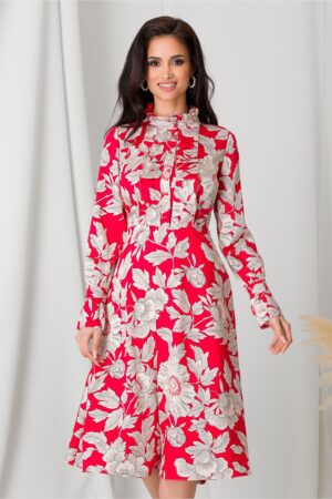 Rochie Moze de primavara rosie eleganta de zi cu imprimeu floral