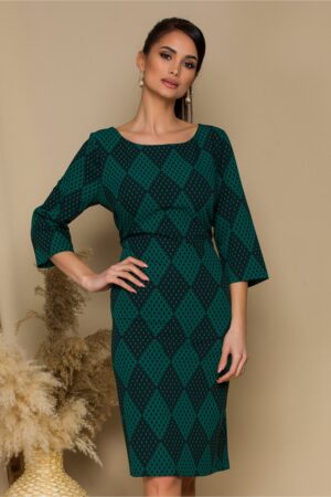 Rochie Tina midi verde cu negru si imprimeu in carouri